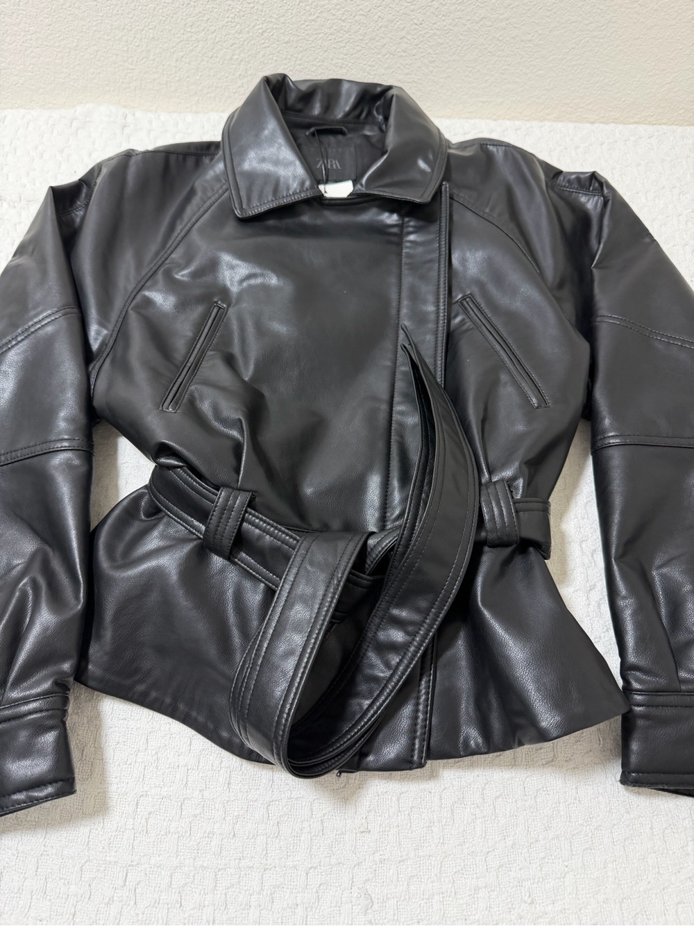 Zara Black Faux Leather Belted Jacket